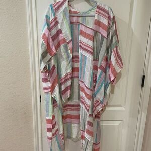 Free people sail away linen striped patchwork kimono cardigan coverup OS NWOT